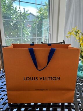 Louis Vuitton Orange Shopping Bag with Blue Handles
